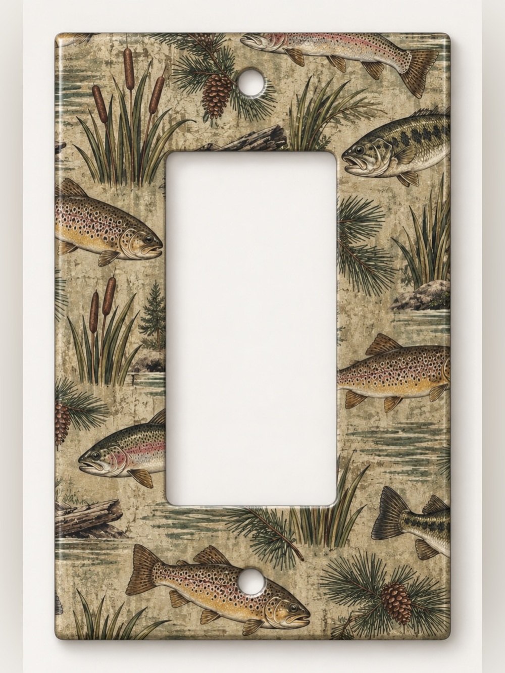 Rustic Trout Bass Fishing Lodge Lake Cabin Duplex Outlet Wall Plate Cover